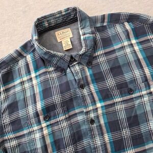 LL Bean Mens XL Plaid Button Down Shirt Blue Teal Organic Cotton Tencel 505083